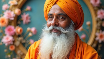 Obraz premium Sacred portrayal of Guru Nanak Dev Ji with a delicate floral frame honoring his divine teachings