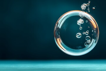 Stunning Close-Up of a Single Soap Bubble Floating Elegantly in the Air with Tiny Bubbles Rising Against a Soft Teal Background