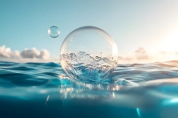 Close-Up of a Transparent Bubble Rising Above Calm Water with Gentle Ripples and a Beautiful Sunset in the Background Creating a Serene and Dreamy Atmosphere