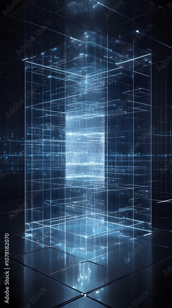 Poster 40. a high-tech 3d display with floating digital grids, glowing lines, and vertical space for a prod