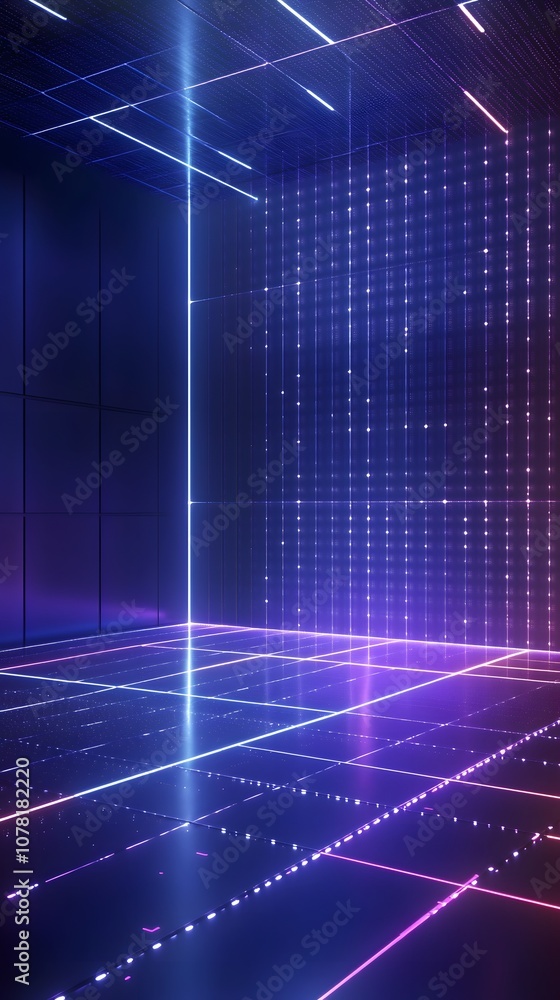 Poster 40. a high-tech 3d display with floating digital grids, glowing lines, and vertical space for a prod