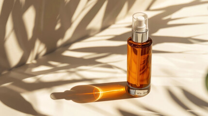 A refined cosmetic bottle casting a warm shadow, highlighting sleek design and elegance
