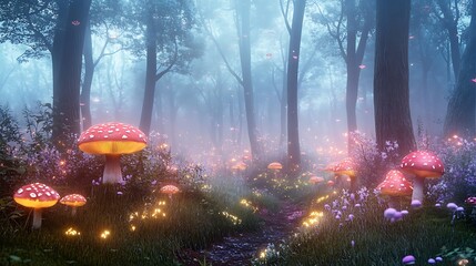 Magical anime forest with tall trees, glowing mushrooms, and mystical fog