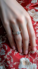 A woman's hand elegantly lies on exquisite fabric, highlighting a beautiful ring in soft lighting
