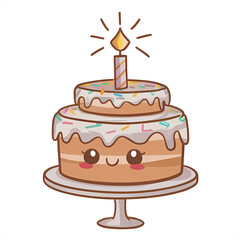 Cartoon cute chocolate cake with candles surrounded by cute-looking cupcakes isolated in a transparent background