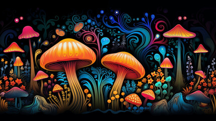 Fototapeta premium Psychedelic mushroom forest with colorful foliage on black