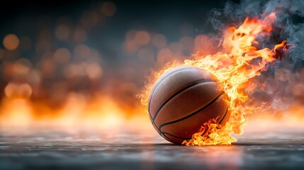 The basketball appeared to be engulfed in flames, with bright orange and red flames licking at its surface against a fiery background