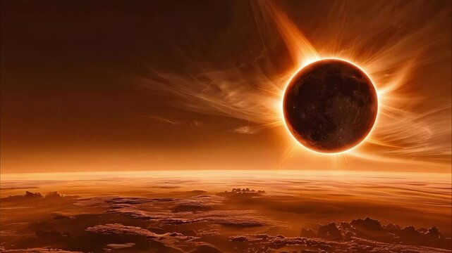 A dramatic solar eclipse with the sun partially obscured by a celestial body, set against a vibrant atmospheric backdrop.