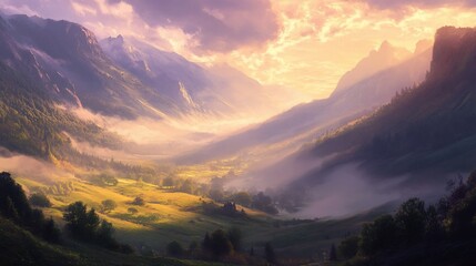 Fototapeta premium Majestic mountain valley bathed in warm golden sunlight, with mist swirling through the valleys and trees.