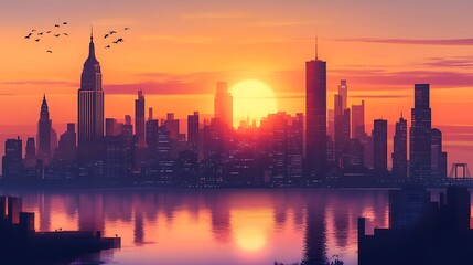 Fototapeta premium A vibrant sunrise casts a warm glow over a city skyline, with birds flying overhead and the sun reflecting off the water.