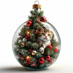 A whimsical Christmas ornament featuring a cute cat nestled in a decorated tree, adorned with red, gold, and green baubles. 