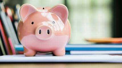 A pink piggy bank sits on a desk, symbolizing savings and financial planning.