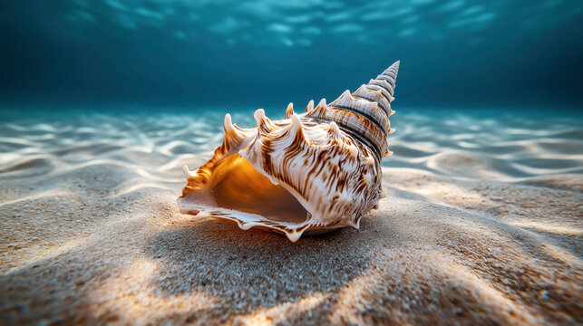 Close-up of a large spiral seashell lying on the sandy ocean floor, with sunlight filtering through the clear blue water above, highlighting the intricate textures and colors of the shell.