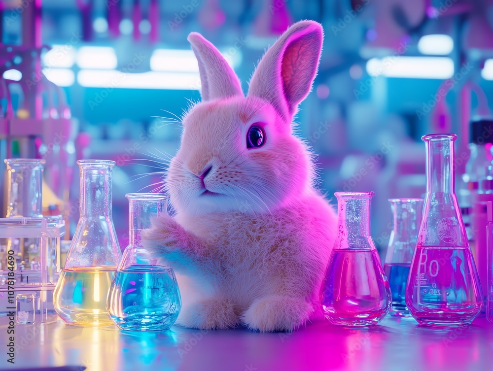 Aufkleber a cute white rabbit sits in a lab setting surrounded by beakers of colorful liquids.