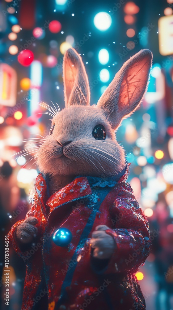 Poster a cute white rabbit in a red jacket stands in front of a blurry background of colorful city lights.
