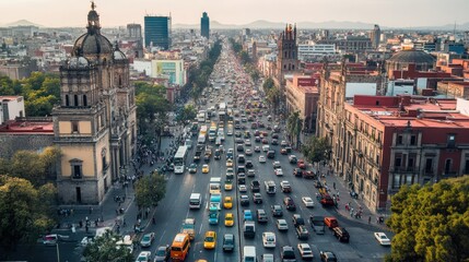 Rush hour traffic in Mexico City. Mexico. vehicles at a standstill on major roads. dense atmosphere.
