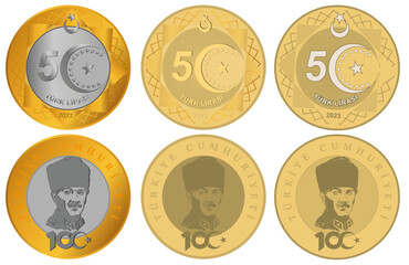 turkish 5 liras, turkish coin hand drawn set vector
