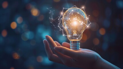 Hand held light bulb, cloud computing for global internet connection. Business global internet connection application technology, digital marketing, financial and banking, digital link tech