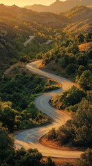 Fototapeta premium Serene sunset view of winding road through lush green hills for travel photography