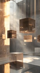 45. A dynamic 3D showcase with floating cubes, soft lighting effects, and an open vertical space for a product.