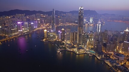 Naklejka premium An aerial view of a modern city skyline at night with tall skyscrapers and a harbor with boats.