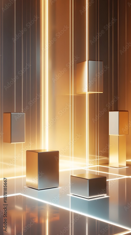 Aufkleber 45. a dynamic 3d showcase with floating cubes, soft lighting effects, and an open vertical space for