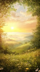 A serene sunrise over a misty valley, framed by lush greenery and soft clouds.