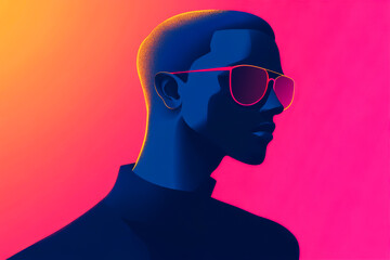 A man wearing sunglasses is the main subject of the image. The sunglasses are black and the man is wearing a black shirt. The image has a bold and vibrant color scheme, with a pink background