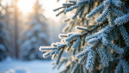Frosted pine tree branches glistening in the morning light of a winter forest