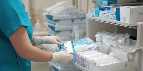 A healthcare worker organizes medical supplies in a clinical setting.