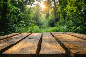 Wooden table top with blurry forest background. Perfect for showcasing products or creating a natural and inviting scene.