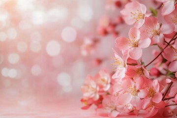 Fototapeta premium Delicate pink cherry blossoms on a blurred pink and white background.