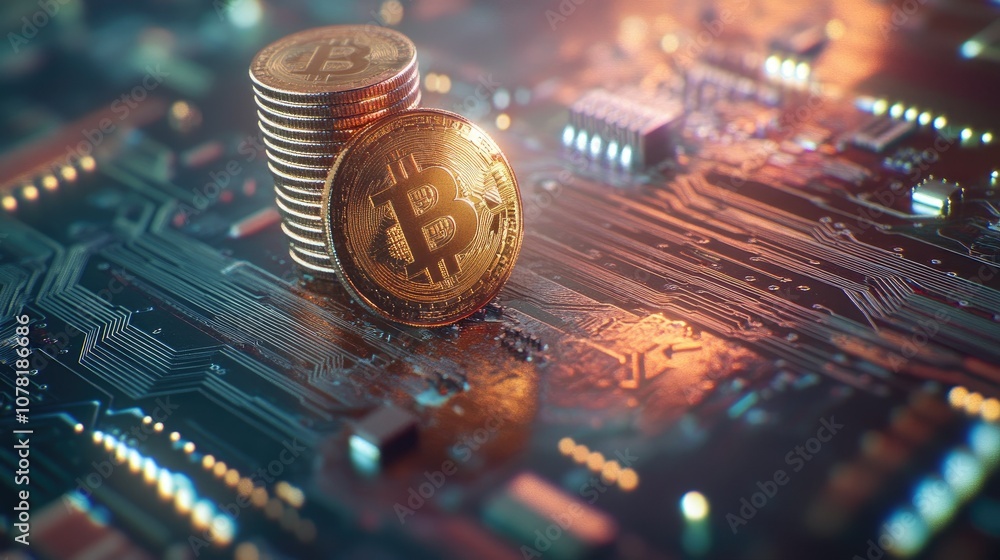 Poster stacks of bitcoin on a circuit board background