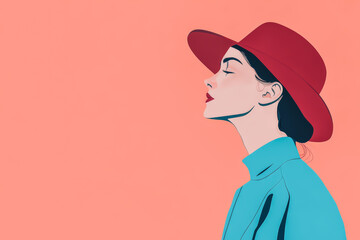 A woman wearing a red hat and blue shirt is looking at the camera. The image has a bright pink background