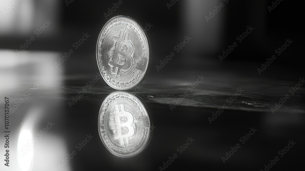 Poster bitcoin coin on dark surface with reflection