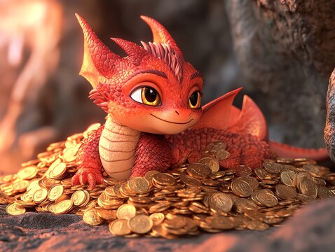 A cute, red dragon with large, curious eyes, rests on a pile of gold coins, a setting sun reflecting off of his scales.
