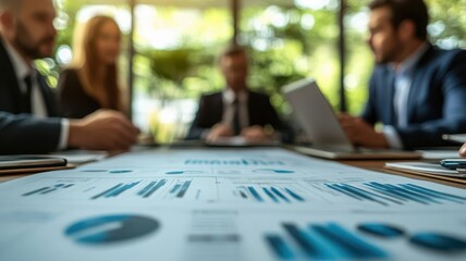 Executives discussing a business strategy blueprint laid out in a boardroom