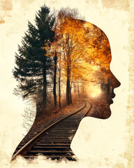 A woman's face is shown in a painting of a forest. The painting is of a woman's face with a train track in the background. The mood of the painting is serene and peaceful