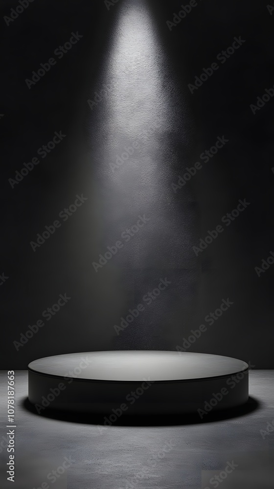 Poster 21. a minimalist 3d stage with clean edges, soft ambient lighting, and a vertical empty space for a 