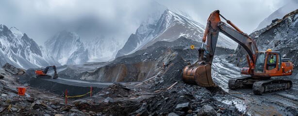 Heavy machinery operating on a rugged mountain site under a cloudy sky.
