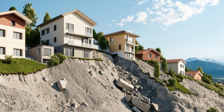 Residential buildings perched on a hillside, showcasing modern architecture, surrounded by nature and rocky terrain under a blue sky.