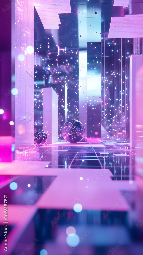 Poster 22. a futuristic 3d setting with digital grids, rotating geometric elements, and a central open vert