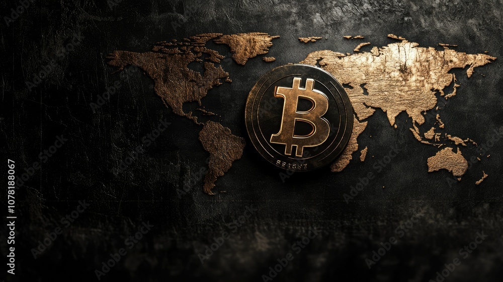 Poster bitcoin coin on world map background