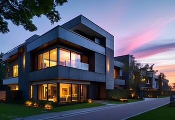 Obraz premium Modern house with large windows and landscaped garden a background of sunset 