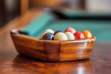 A wooden rack filled with billiard balls sits on a wooden table near a green felt pool table.