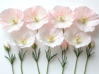 Fototapeta premium Soft pink poppy flowers on white background. Perfect for delicate, feminine designs or floral themes.