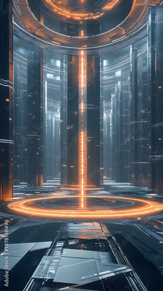 Poster 22. a futuristic 3d setting with digital grids, rotating geometric elements, and a central open vert