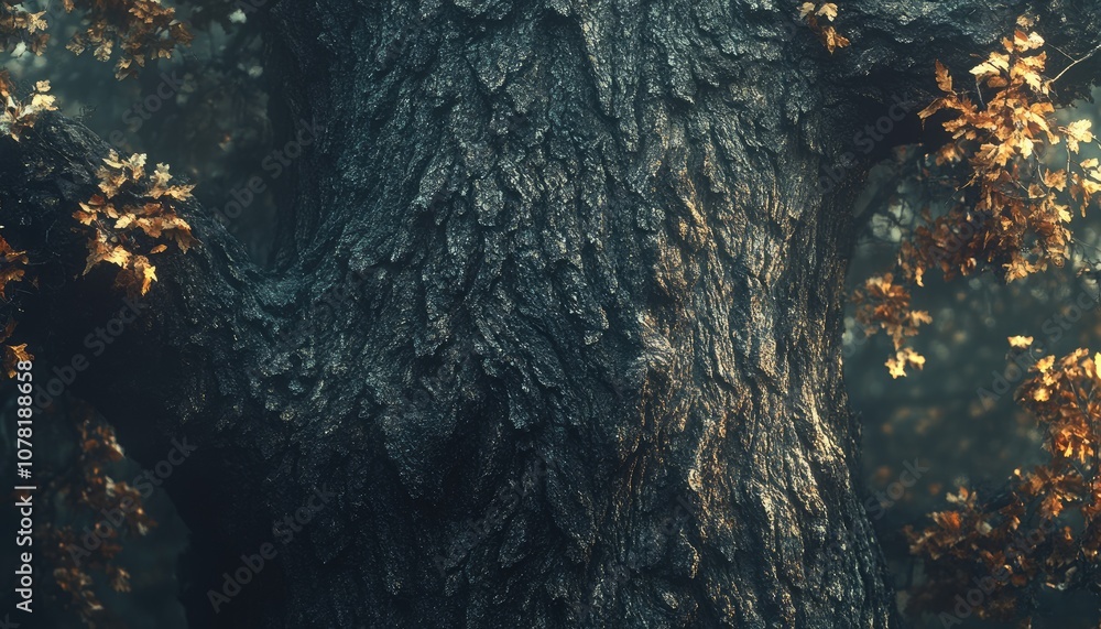 Poster dark tree bark texture with fall leaves. perfect for nature background or autumn design projects.