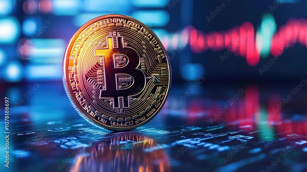 Poster bitcoin icon on digital background with chart data