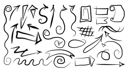 Sketch style vector arrow set. Arrow line hand drawn brush vector set. Grunge square, spiral, arrow element scribble line design. Grunge abstract chalk, crayon pencil style. Vector illustration.